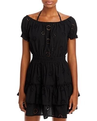 AQUA Eyelet Tiered Black Swim Cover Up Dress L72101 Size Small
