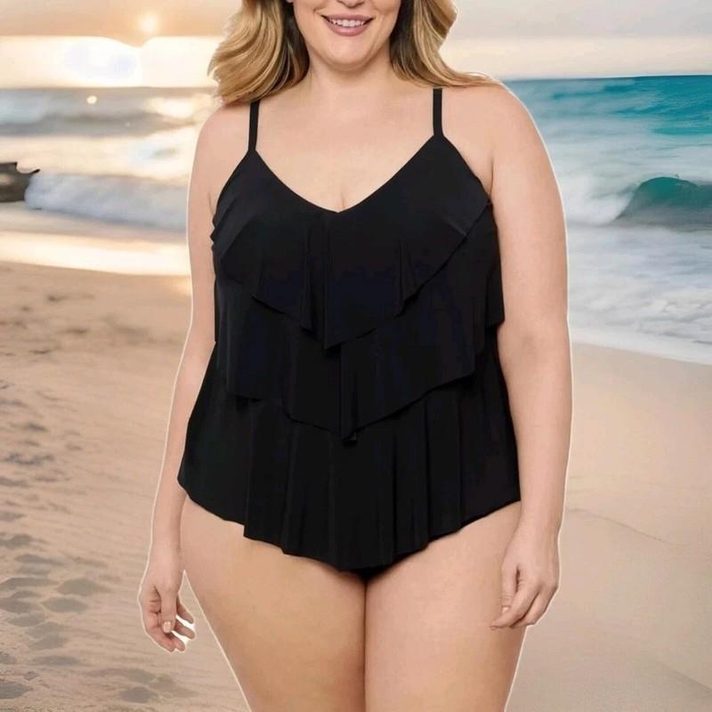 Aqua Green Black Tankini Top Swimwear XL NWT New Woman’s UPF 50 Tiered Ruffle