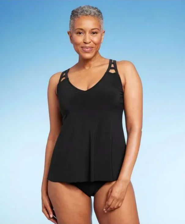 Aqua Green Tankini Swim Womens Top Sz 3X 22-24 Black UPF 50 Cut Out Strap V Neck