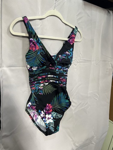 Aqua Green Women's One Piece Swimsuit Swimwear Black Floral Waist Detail Small