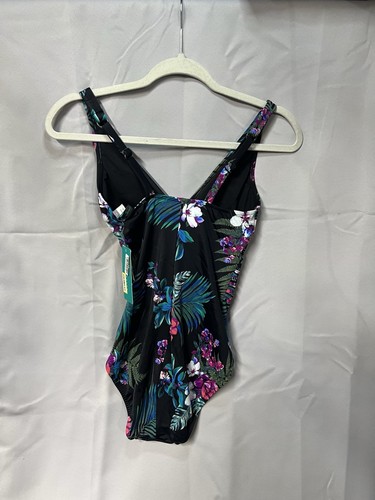 Aqua Green Women's One Piece Swimsuit Swimwear Black Floral Waist Detail Small