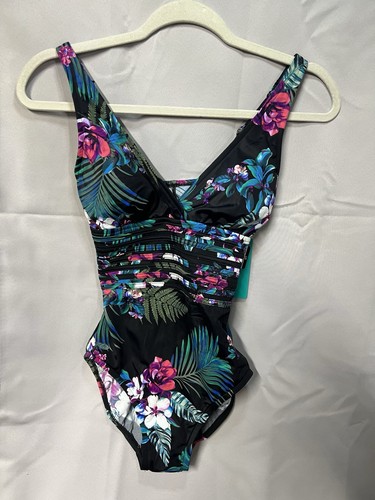 Aqua Green Women's One Piece Swimsuit Swimwear Black Floral Waist Detail Small