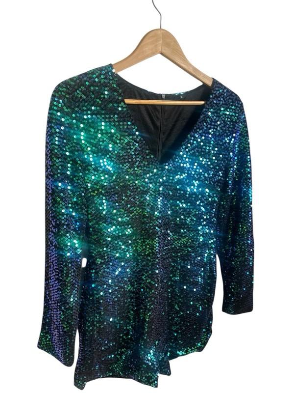 Aqua Purple Sequin Short Romper Medium Long Sleeve V- Neck Back Zipper
