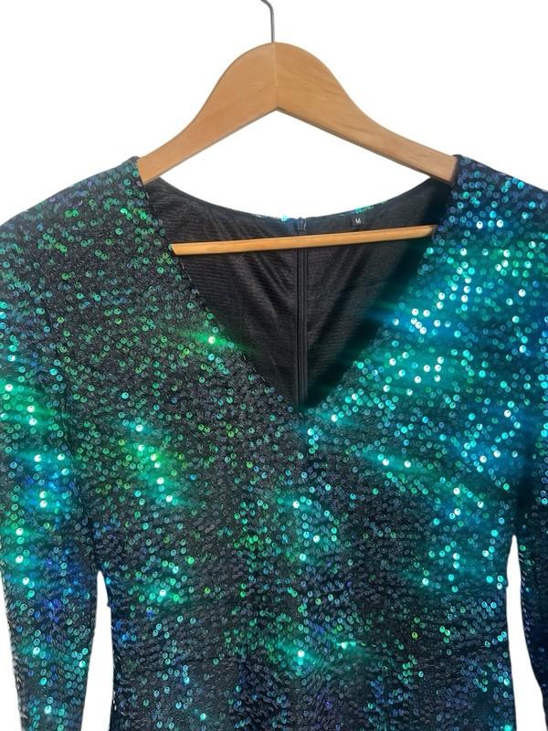 Aqua Purple Sequin Short Romper Medium Long Sleeve V- Neck Back Zipper