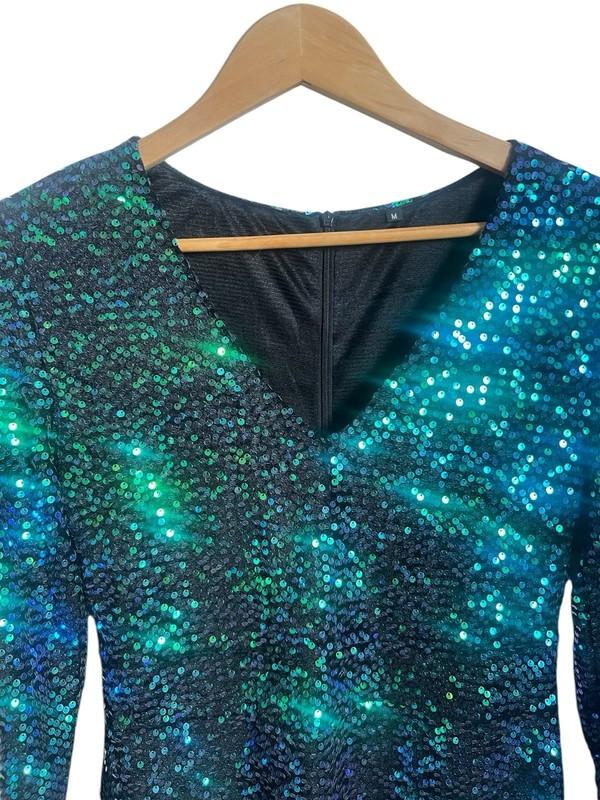Aqua Purple Sequin Short Romper Medium Long Sleeve V- Neck Back Zipper