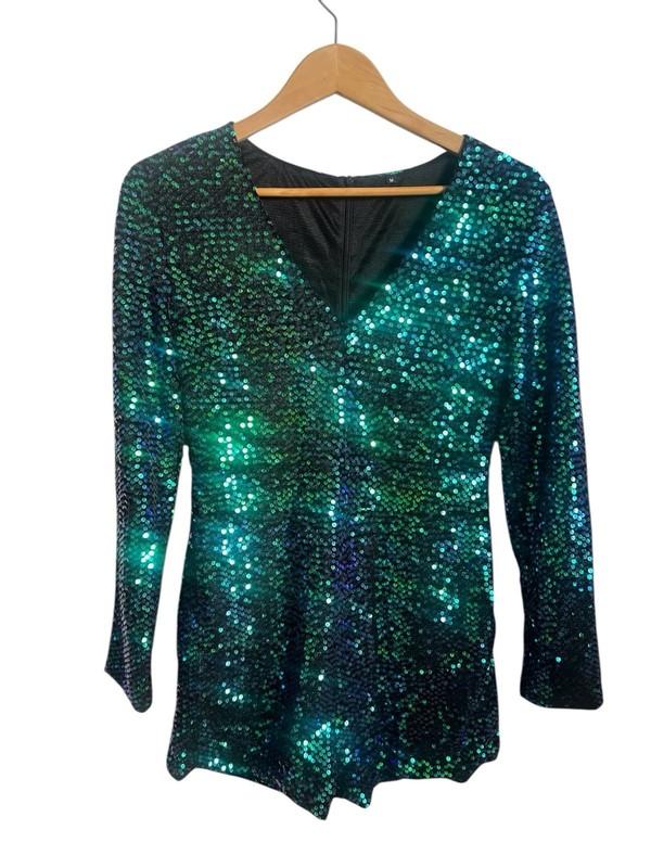 Aqua Purple Sequin Short Romper Medium Long Sleeve V- Neck Back Zipper