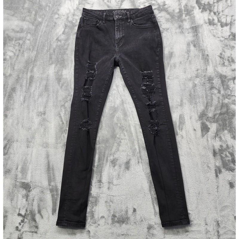 Arizona Jean Co Jeans Womens 7 LONG Black Distressed Ripped High Rise Jegging