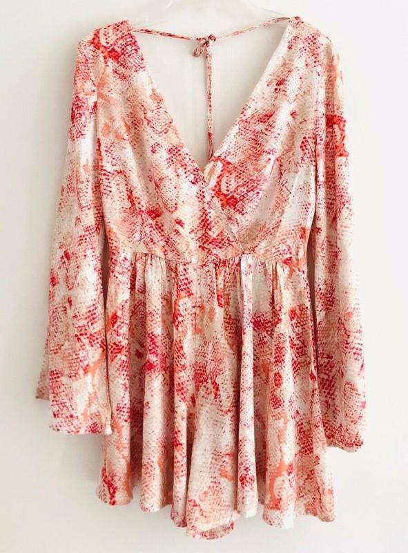 ArkCo Anthropologie Python Romper Size S Pink Bell Sleeve Animal Print Open Back