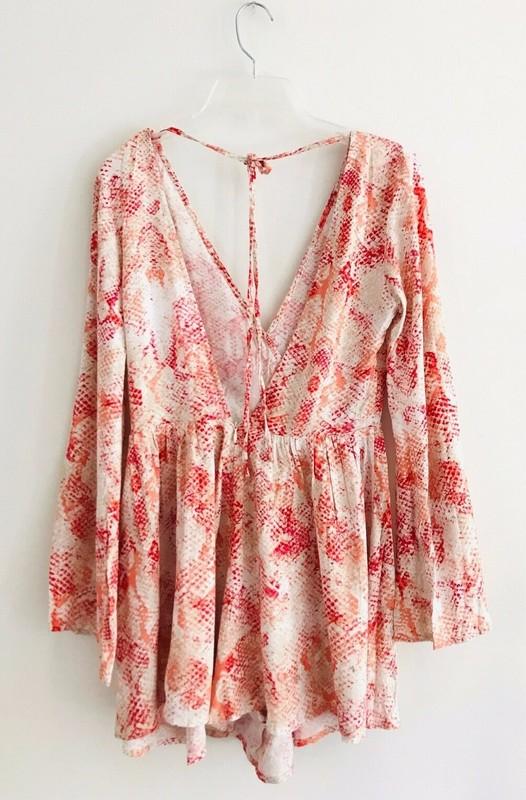 ArkCo Anthropologie Python Romper Size S Pink Bell Sleeve Animal Print Open Back