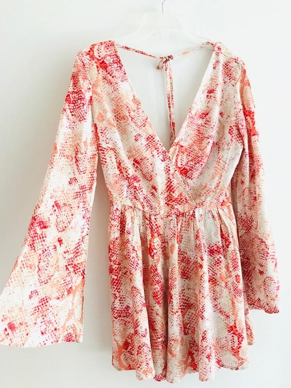 ArkCo Anthropologie Python Romper Size S Pink Bell Sleeve Animal Print Open Back