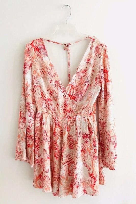 ArkCo Anthropologie Python Romper Size S Pink Bell Sleeve Animal Print Open Back