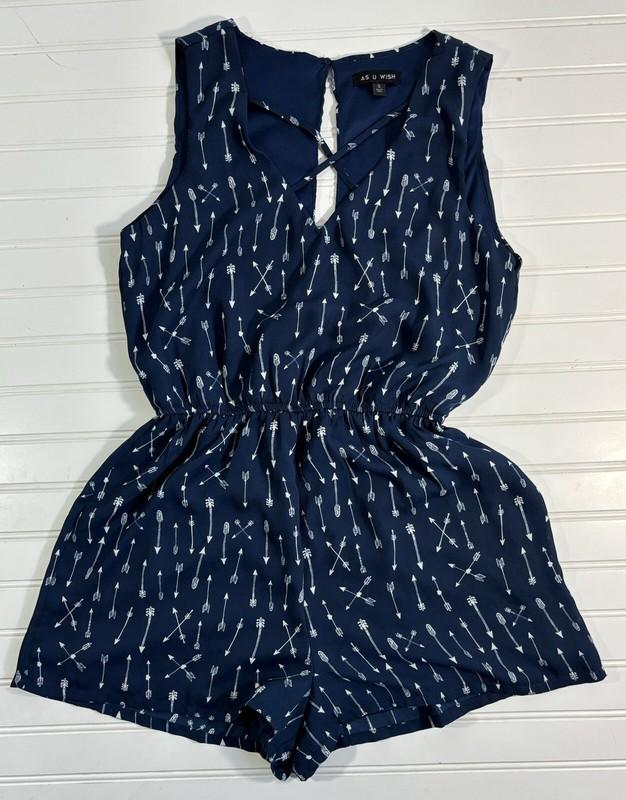 As U Wish Romper Womens Small Blue White Arrows Lined Criss Cross Straps Boho
