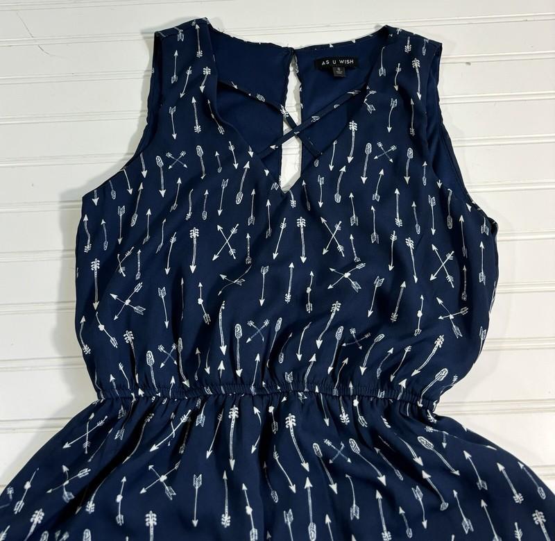 As U Wish Romper Womens Small Blue White Arrows Lined Criss Cross Straps Boho