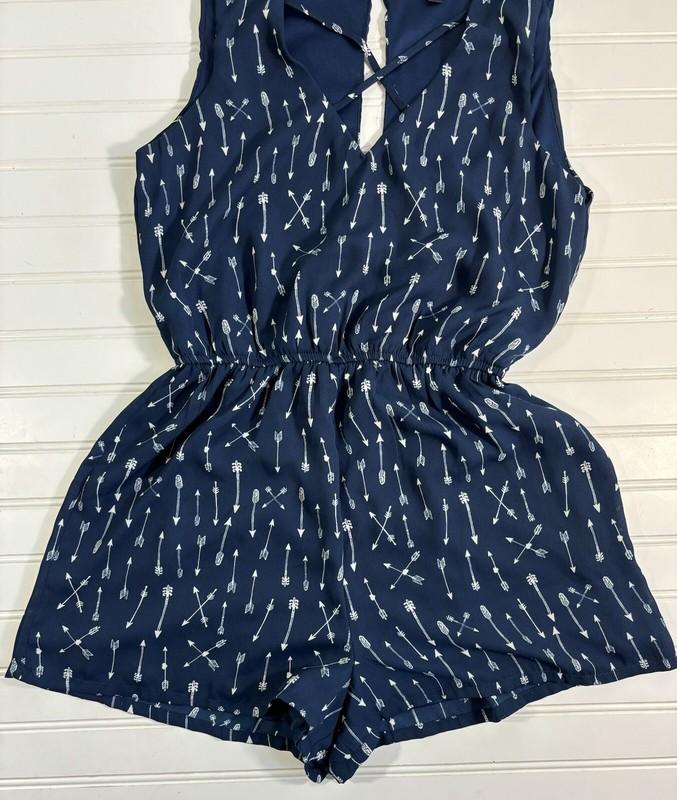 As U Wish Romper Womens Small Blue White Arrows Lined Criss Cross Straps Boho