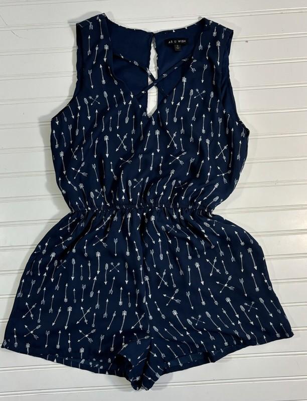 As U Wish Romper Womens Small Blue White Arrows Lined Criss Cross Straps Boho