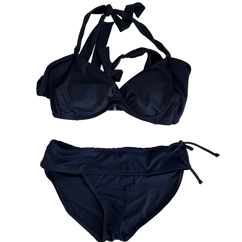 Athleta Bra Cup Wrap Halter Bikini Top 32 B/C & Bottom Small Navy Blue Swim *