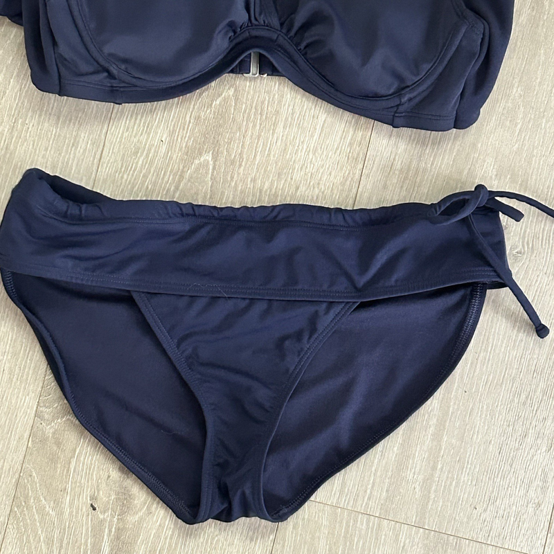 Athleta Bra Cup Wrap Halter Bikini Top 32 B/C & Bottom Small Navy Blue Swim *