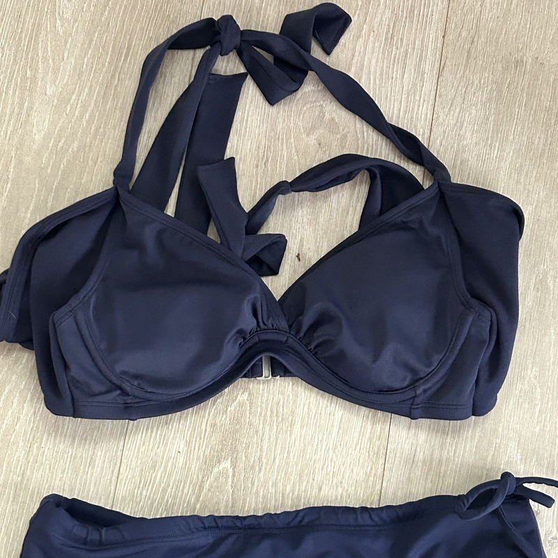 Athleta Bra Cup Wrap Halter Bikini Top 32 B/C & Bottom Small Navy Blue Swim *