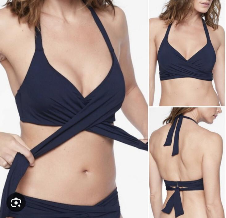 Athleta Bra Cup Wrap Halter Bikini Top 32 B/C & Bottom Small Navy Blue Swim *