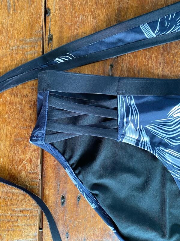 Athleta Fiore L Bikini Wrap Triangle Top And Bottom Floral Navy Blue Black White