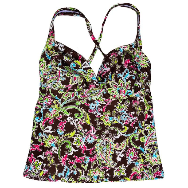Athleta Tankini Top Brown Paisley Padded Wired Bra Adjust Straps Size 34D