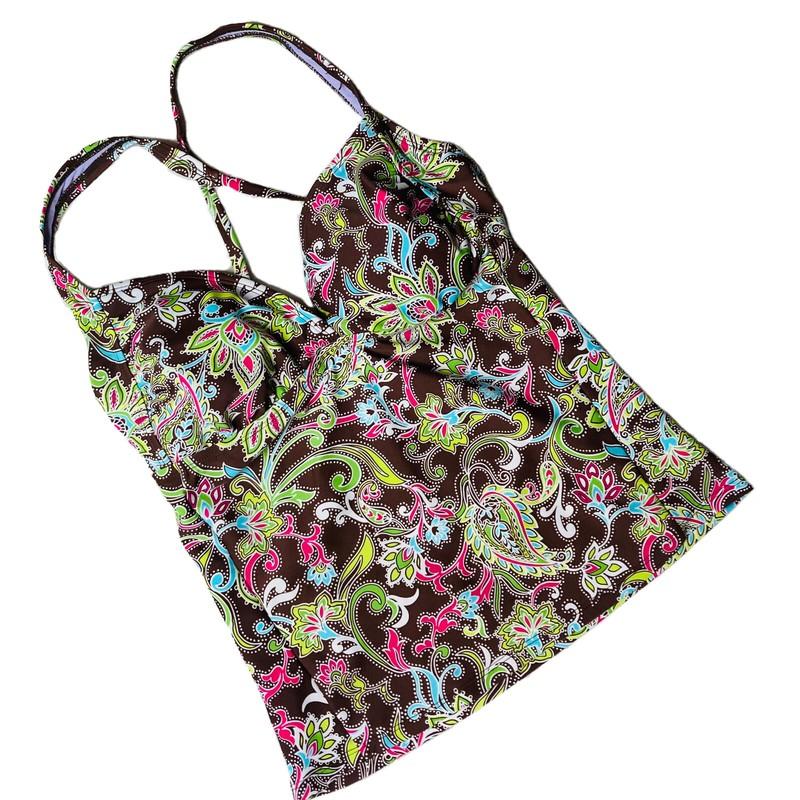 Athleta Tankini Top Brown Paisley Padded Wired Bra Adjust Straps Size 34D