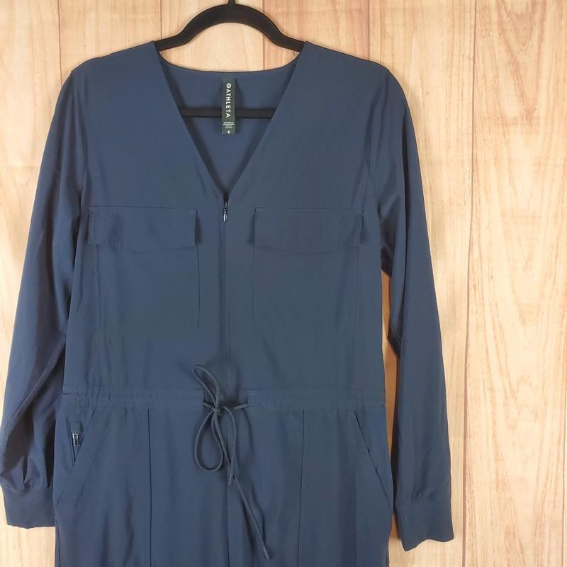 Athleta Zuma Jumpsuit Womens S Navy Blue Adjustable Waist Front Zip Tapered Leg