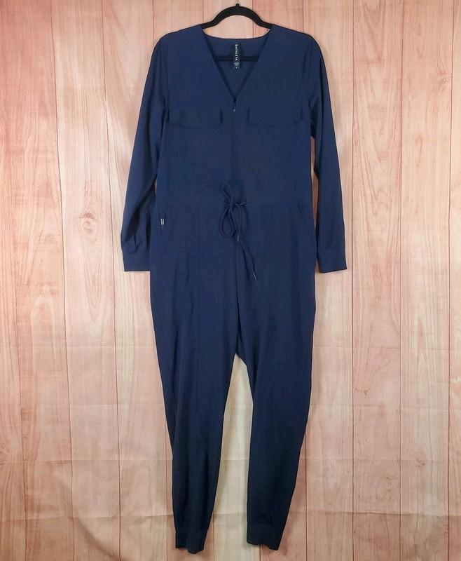 Athleta Zuma Jumpsuit Womens S Navy Blue Adjustable Waist Front Zip Tapered Leg