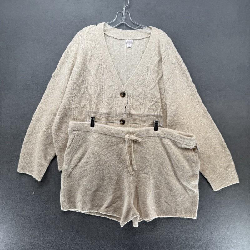 Auden Sleepwear Set Womens Plus 2X Oatmeal Long Sleeve Cardigan Sweater + Shorts
