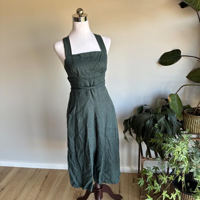 Aulieude - Harper Jumpsuit - Wide Leg 100% Linen Jumpsuit -Size 6 Emerald Green