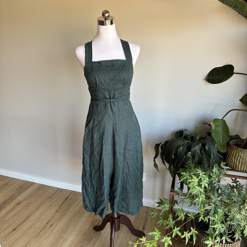 Aulieude - Harper Jumpsuit - Wide Leg 100% Linen Jumpsuit -Size 6 Emerald Green
