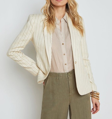 AUTH L'agence One Button Striped Blazer Jacket Coat Beige US 0.2.4.6