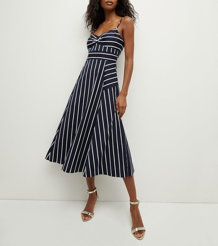 AUTH Veronica Beard Cotton Blend Striped Backless Fit & Flare Slip Midi Dress