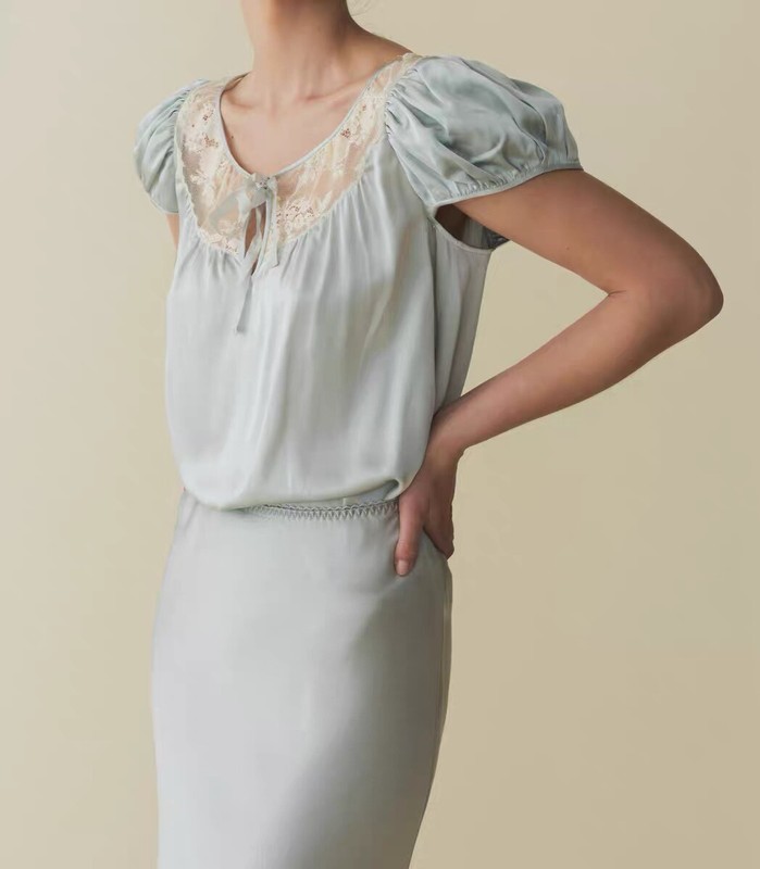 AUTH Women Doen Silk Lace Puff Sleeve Blouse Top Blue