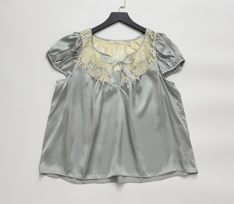 AUTH Women Doen Silk Lace Puff Sleeve Blouse Top Blue