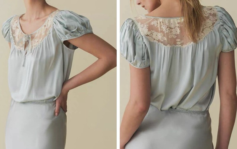 AUTH Women Doen Silk Lace Puff Sleeve Blouse Top Blue