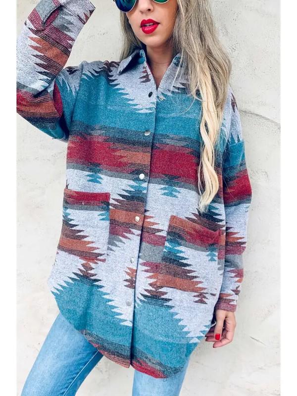 Aztec Printed Side Button Down Detail Oversized Jacket