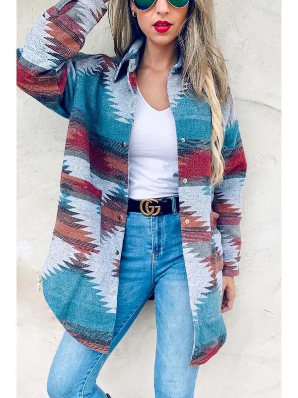 Aztec Printed Side Button Down Detail Oversized Jacket
