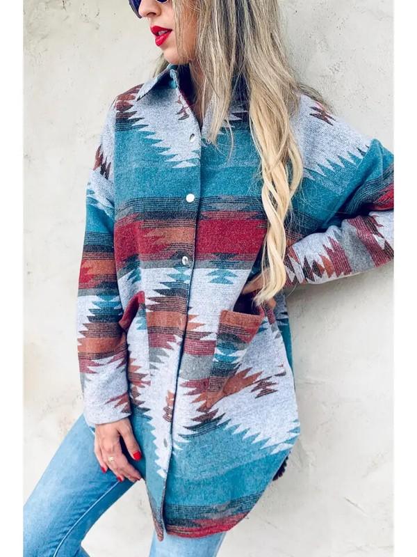 Aztec Printed Side Button Down Detail Oversized Jacket