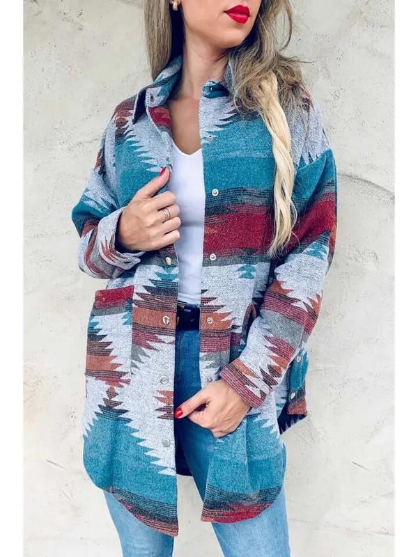 Aztec Printed Side Button Down Detail Oversized Jacket