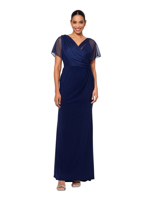 B&A BY BETSY & ADAM Womens Flutter Sleeve Full-Length Evening Sheath Dress