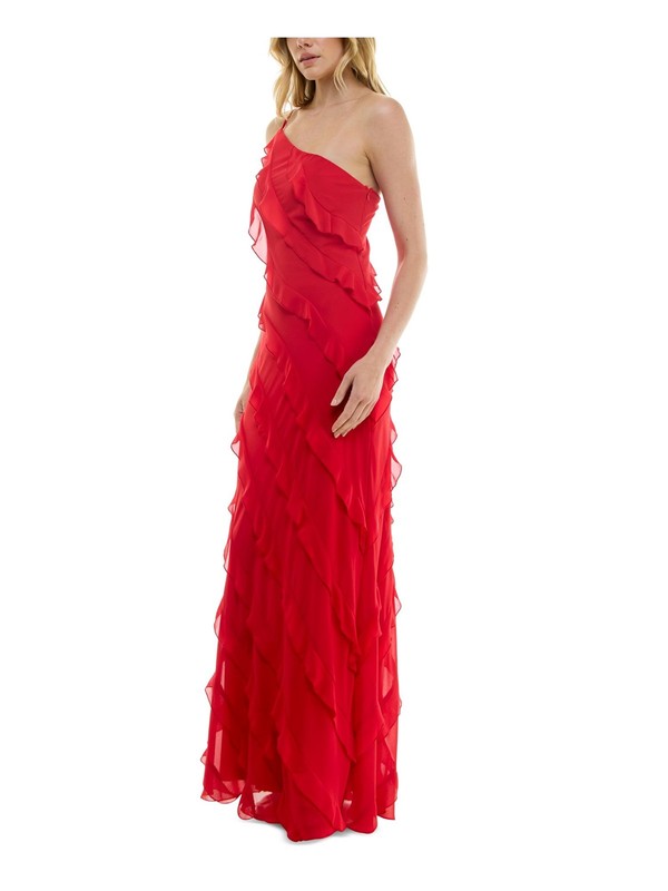 B DARLIN Womens Red Lined Asymmetric Ruffles Sleeveless Gown Dress Juniors 1314