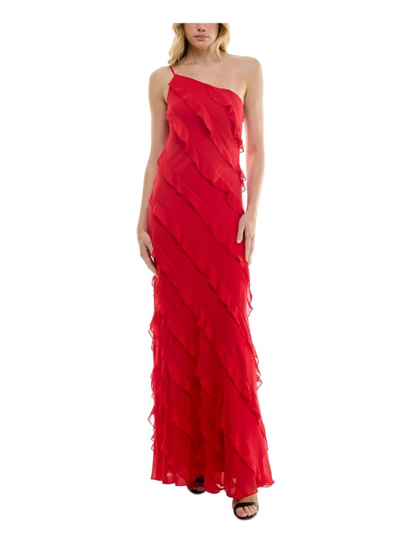 B DARLIN Womens Red Lined Asymmetric Ruffles Sleeveless Gown Dress Juniors 1314