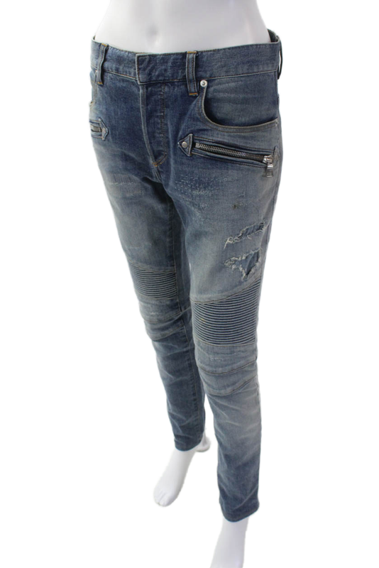 Balmain Womens High Rise Skinny Leg Motorcycle Jeans Blue Cotton Size 29