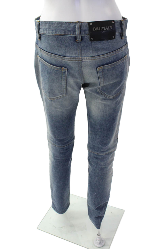 Balmain Womens High Rise Skinny Leg Motorcycle Jeans Blue Cotton Size 29