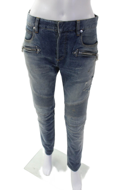 Balmain Womens High Rise Skinny Leg Motorcycle Jeans Blue Cotton Size 29