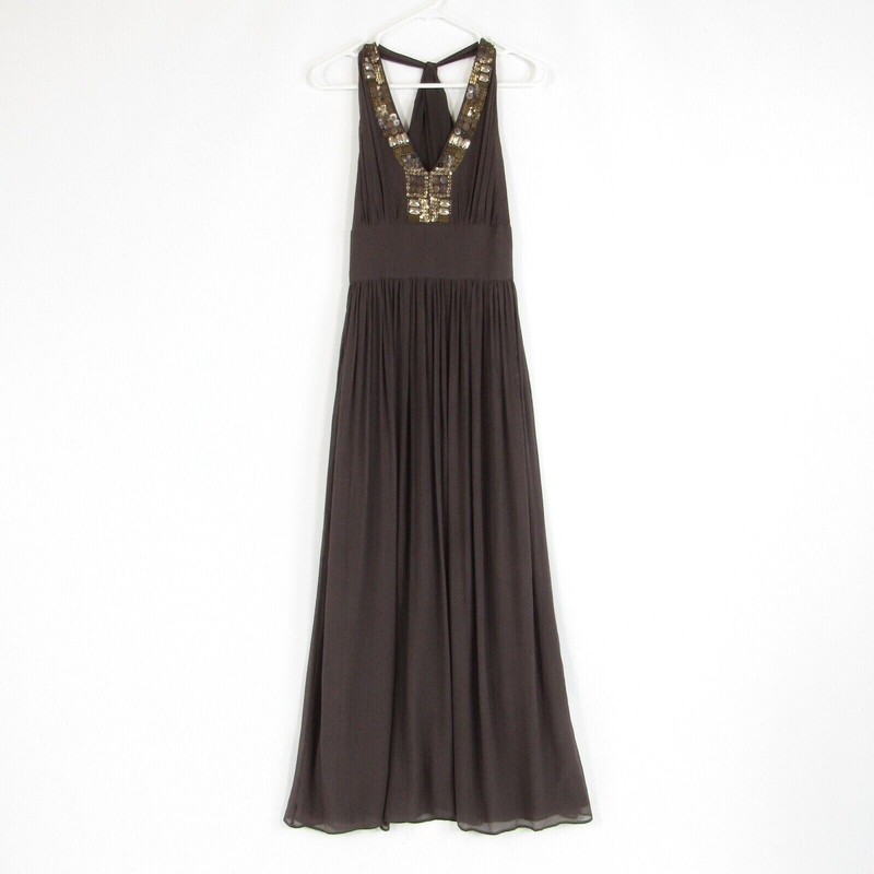 Banana Republic Brown Silk Sequin Beaded Maxi Dress #646659 NWT 8