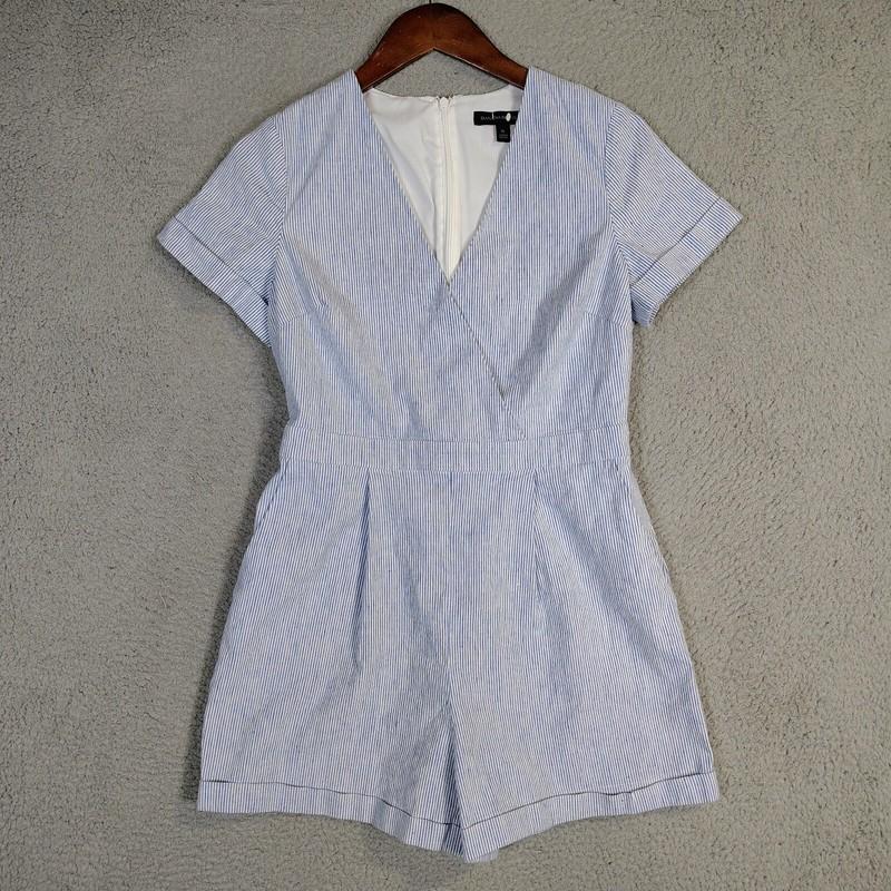Banana Republic Romper Women's 6 Blue Striped Linen Blend Short Sleeve One-Piece