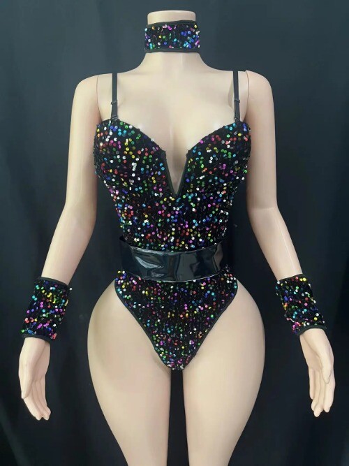 Bar DS New V-neck Sequins Atmosphere Shiny High-elastic Sequins Guest Jumpsuit