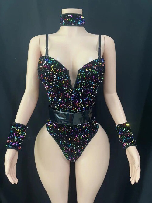 Bar DS New V-neck Sequins Atmosphere Shiny High-elastic Sequins Guest Jumpsuit